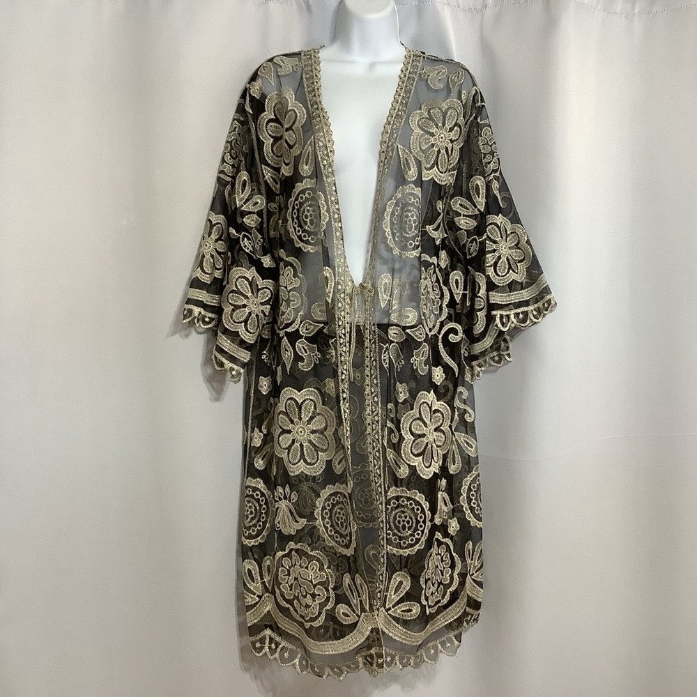 Sheer Black Cover-Up with Cream Gold Metallic Floral Embroidery Women’s Size OS